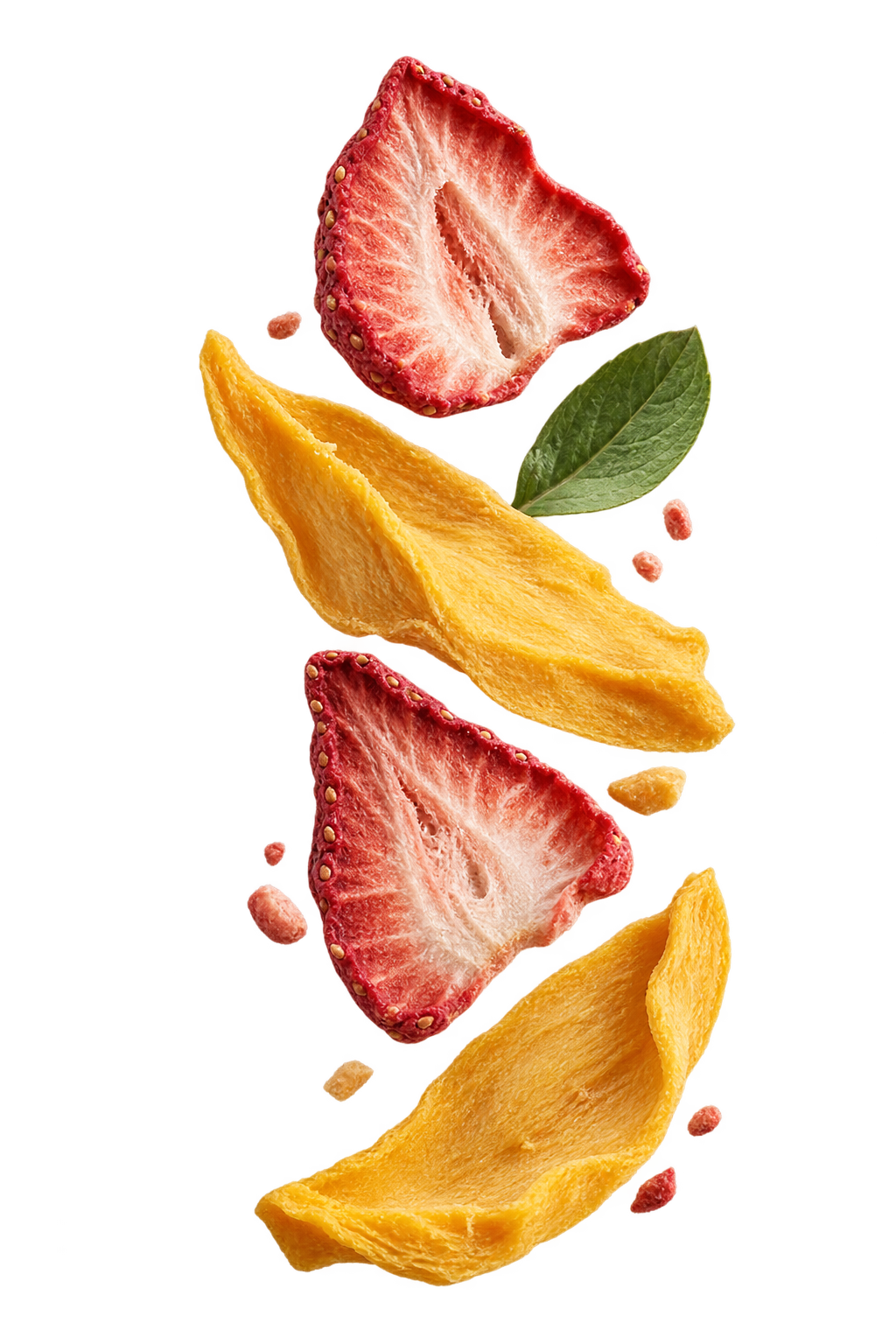 Freeze-dried strawberry and mango pieces with leaves
