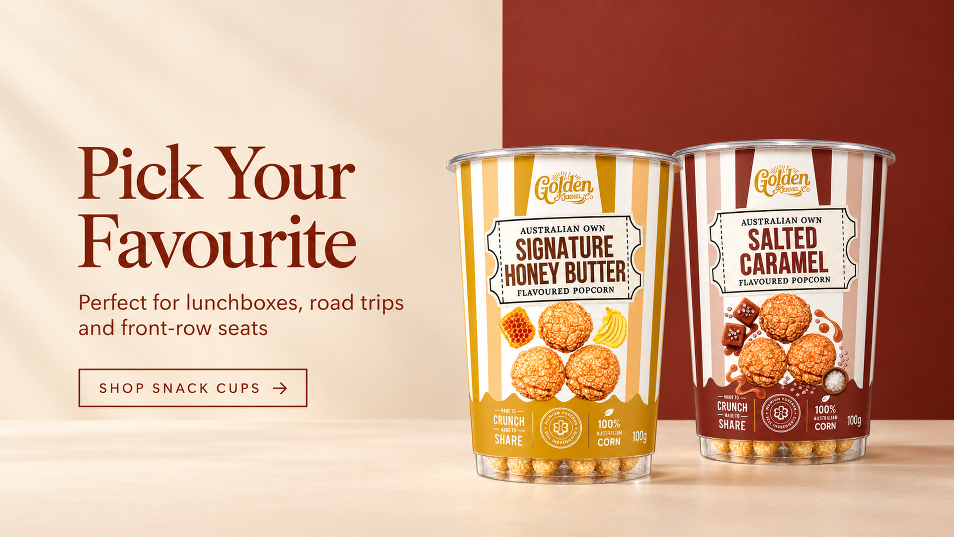 Golden Kernel Co snack cups — Pick your favourite, Signature Honey Butter and Salted Caramel, 100g cups
