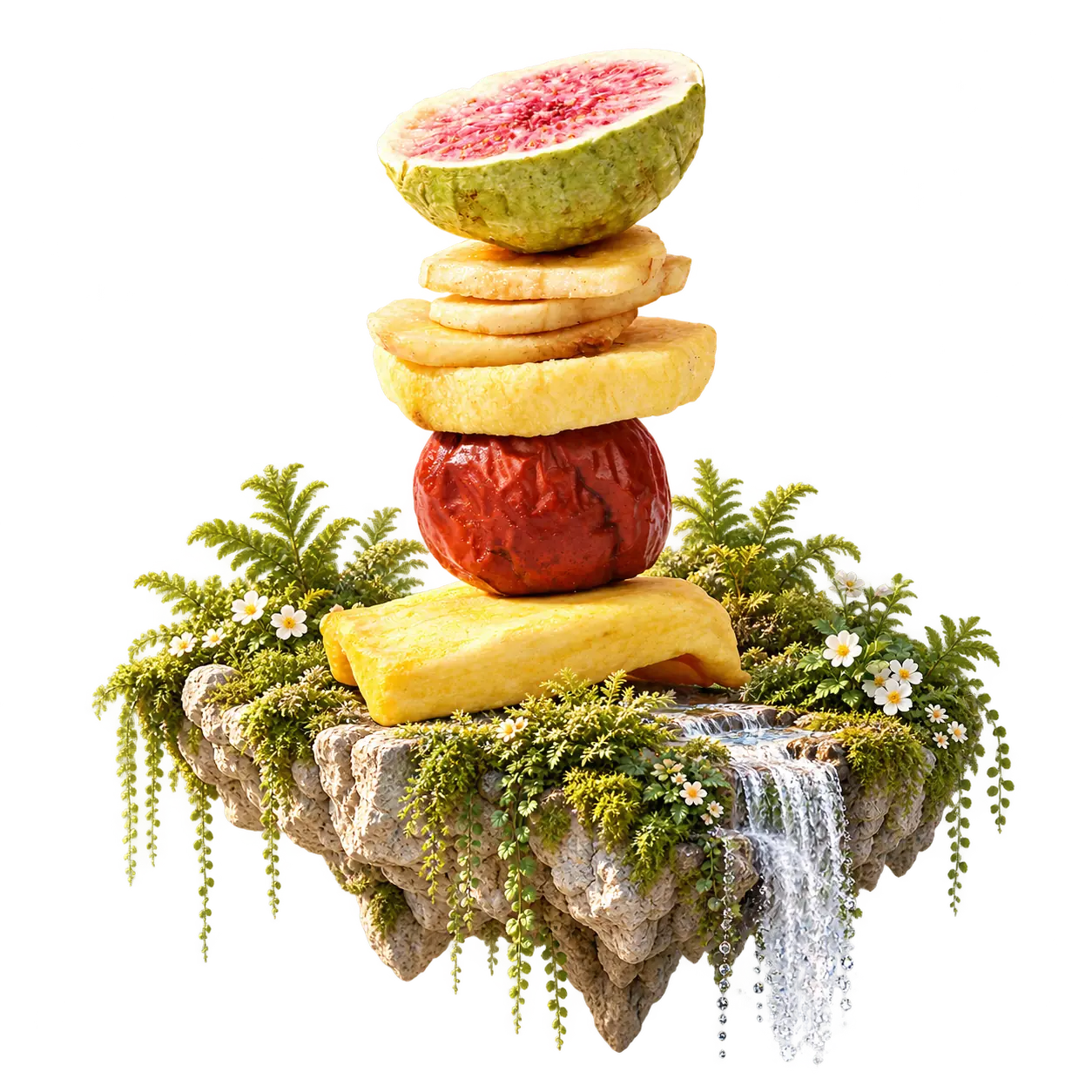 A stack of dried fruit on an imagined floating garden island