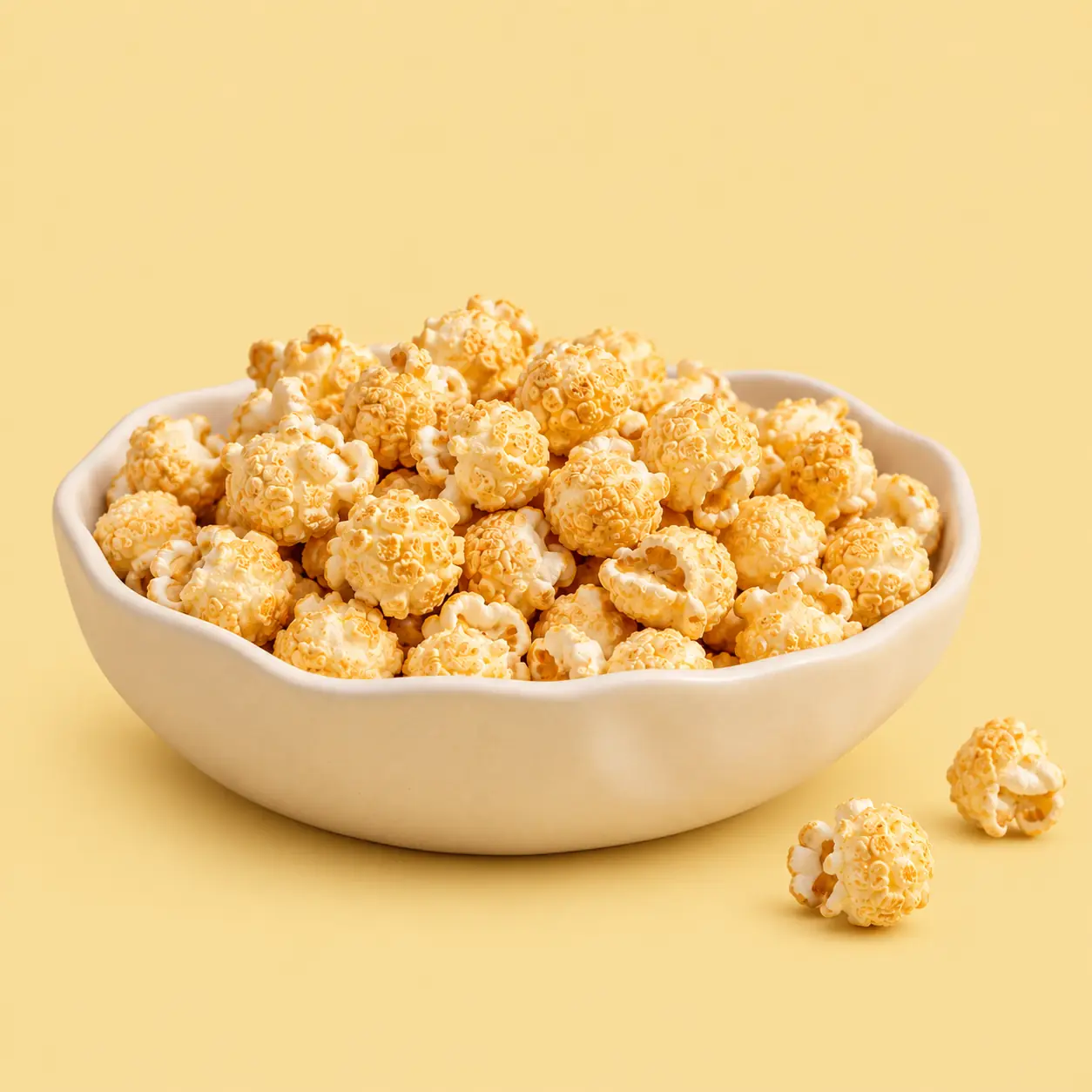 Golden mushroom popcorn in a cream ceramic bowl